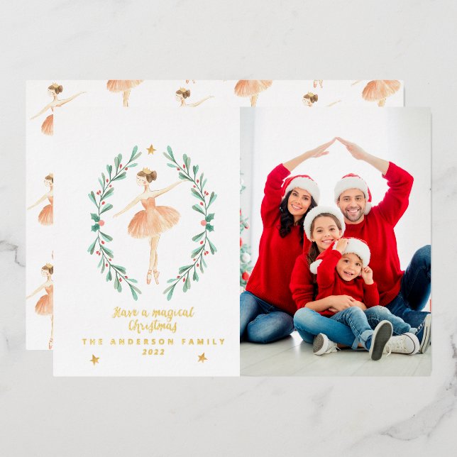 ballerina watercolor botanical 1 photo  foil holiday card (Front/Back)