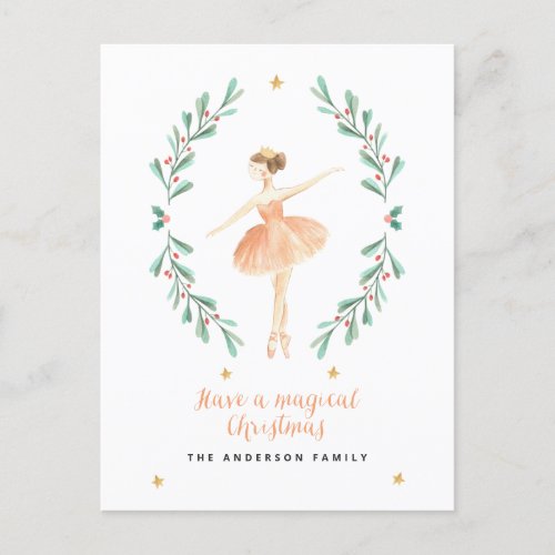 ballerina watercolor botanical cute Christmas  Postcard