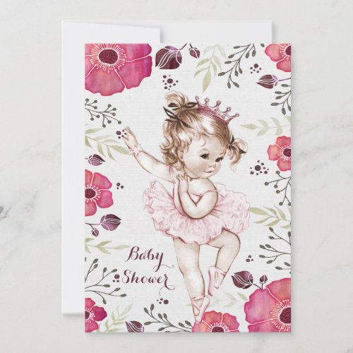 Ballerina Watercolor Glitter Poppies Baby Shower Invitation