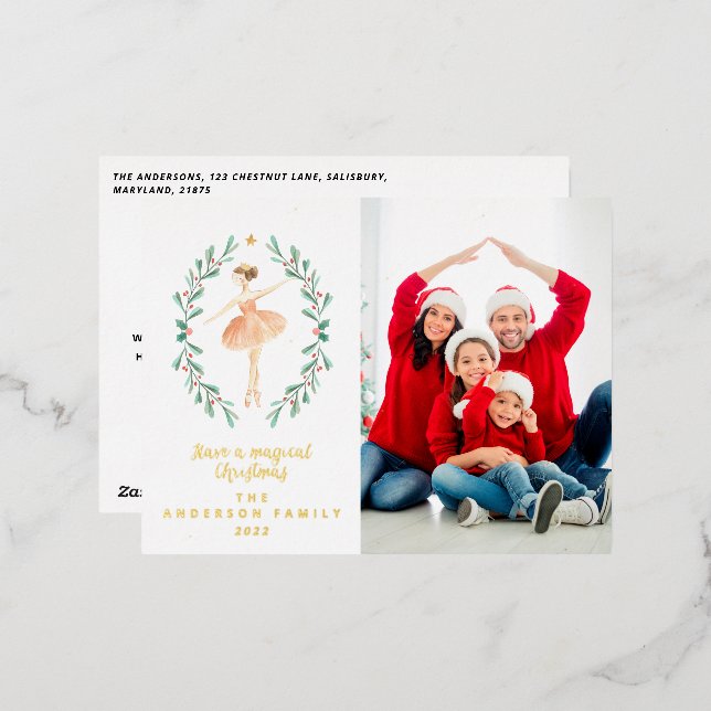 ballerina watercolor one photo foil holiday postcard (Front/Back)
