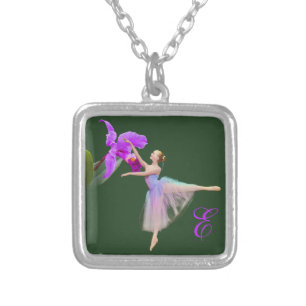Ballerina with Orchid and Monogram Silver Plated Necklace