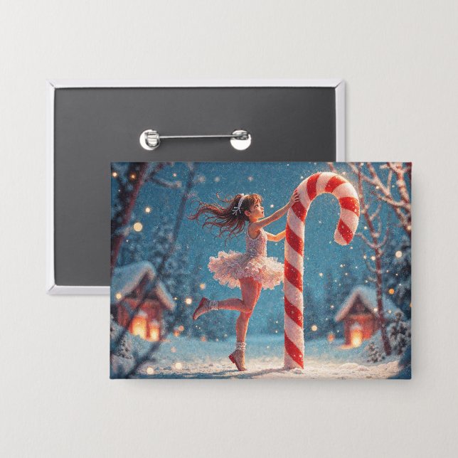 Ballerina Young Girl, Santa's Candy Cane Christmas Button (Front/Back)