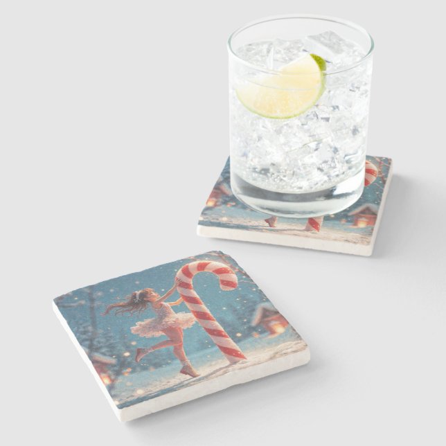 Ballerina Young Girl, Santa's Candy Cane Christmas Stone Coaster (Side)