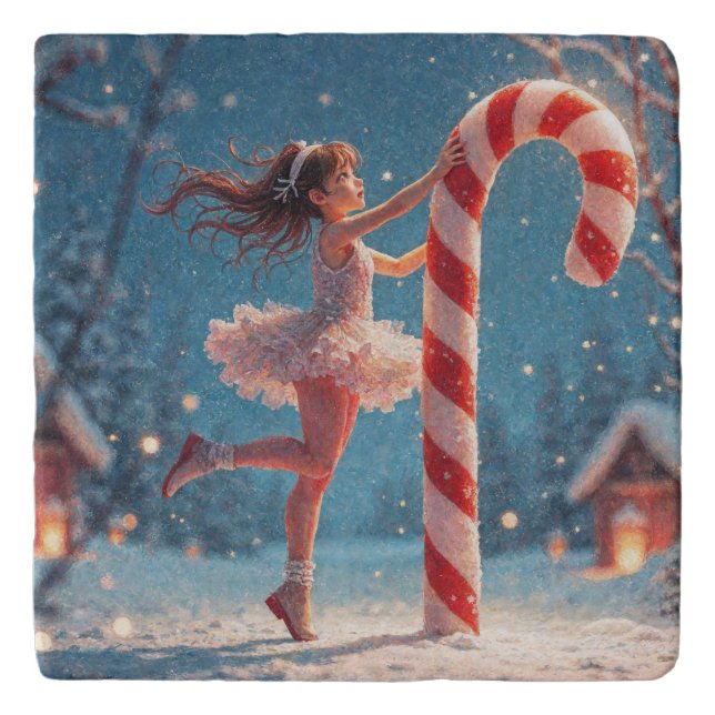 Ballerina Young Girl, Santa's Candy Cane Christmas Trivet (Front)