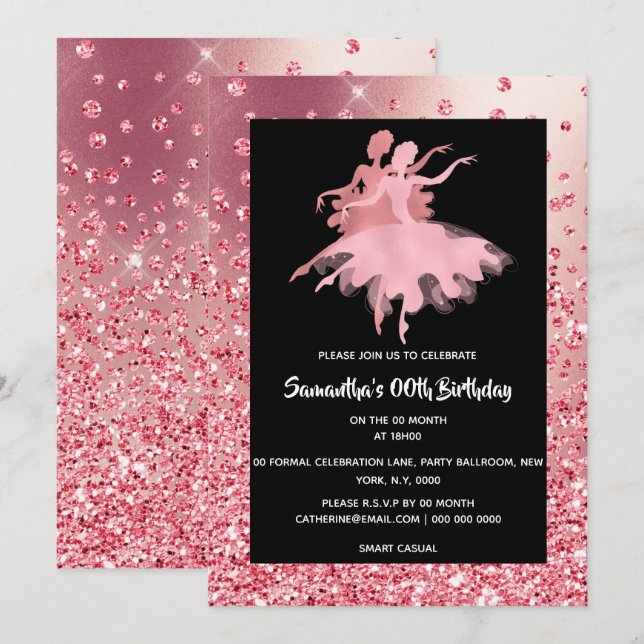 Ballerinas dancing rose gold glitter beautiful invitation (Front/Back)