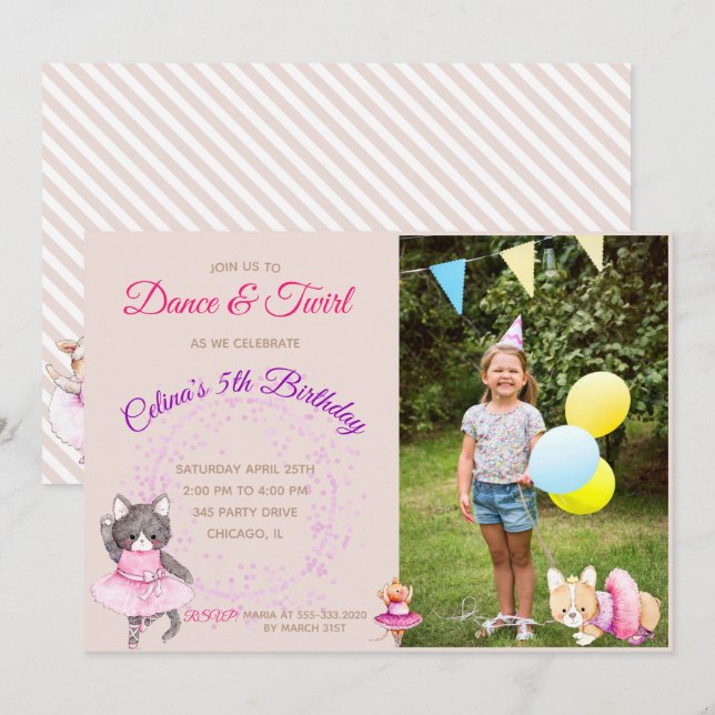 Ballet Animals Photo Birthday Party Invitation (Front/Back)