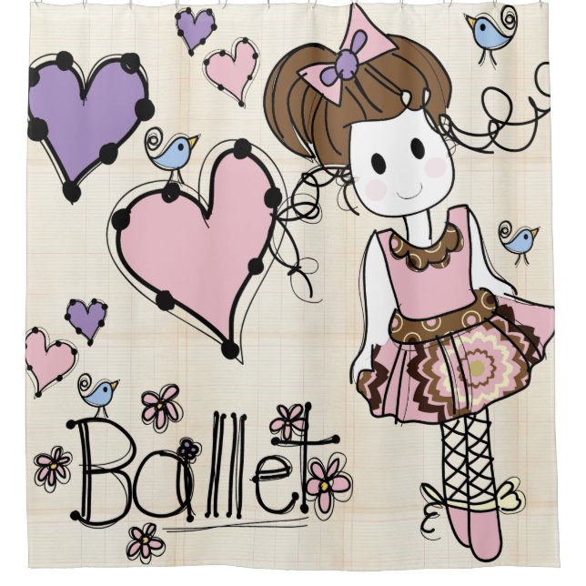 Ballet Ballerina Dancer With Hearts and Birds Shower Curtain (Front)