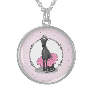 Ballet Ballerina Princess Greyhound Dog (black) Sterling Silver Necklace