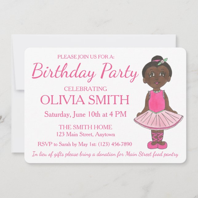 Ballet Ballerina Tutu Dance Themed Birthday Party Invitation (Front)