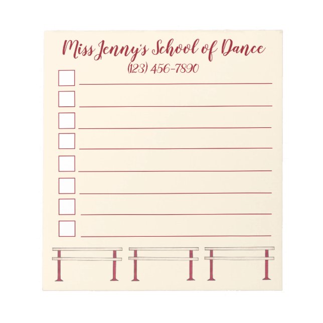 Ballet Barre Dance Studio Teacher Personalized Notepad (Front)