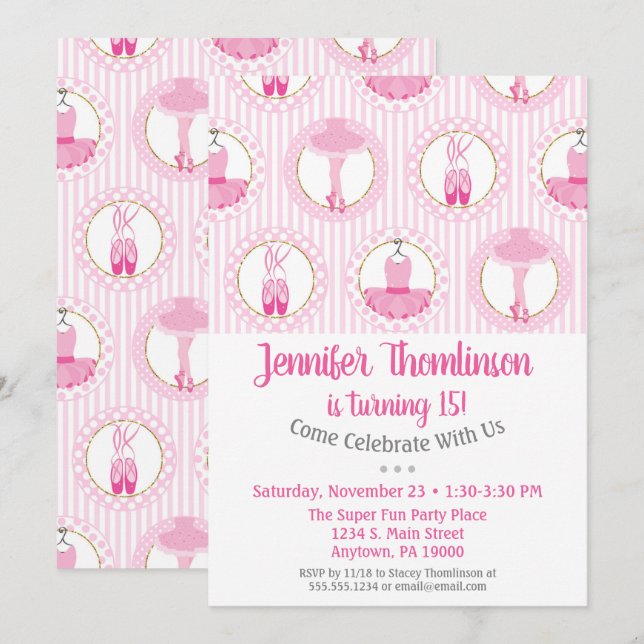 Ballet Birthday Invitation Pink Ballerina Dancer (Front/Back)