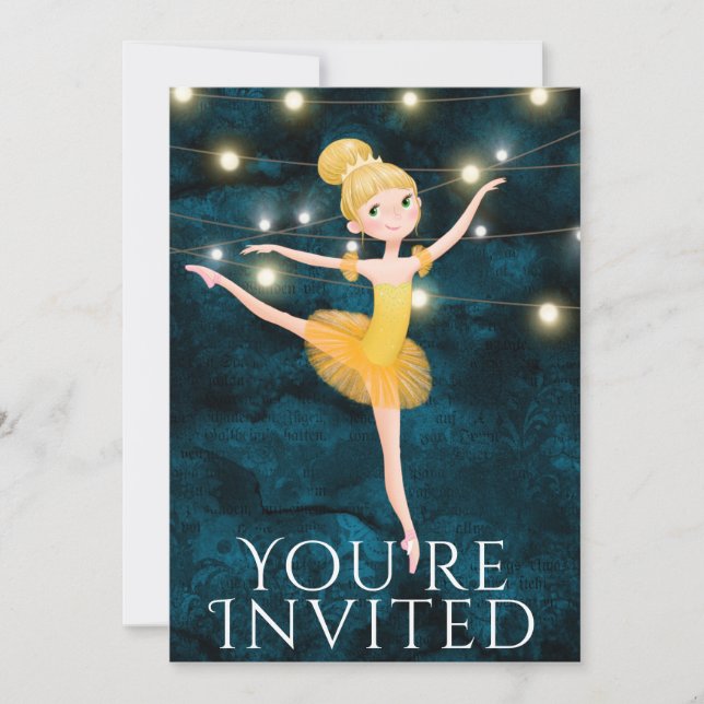 Ballet Blue and Yellow Blond Ballerina Birthday Invitation (Front)