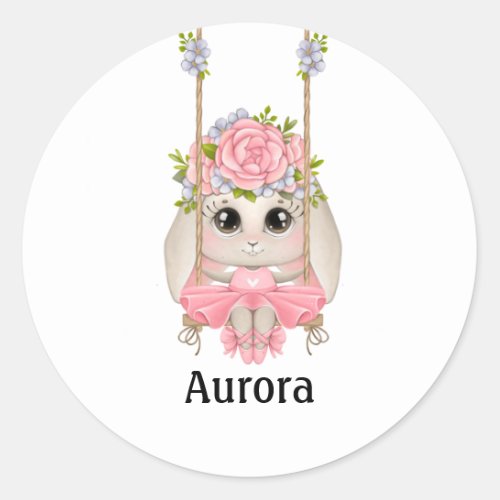 Ballet Bunny on Swing with Flowers Classic Round S Classic Round Sticker