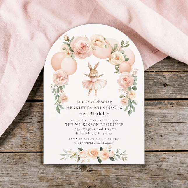 Ballet Bunny Peach Floral Arch Birthday Invitation (Creator Uploaded)