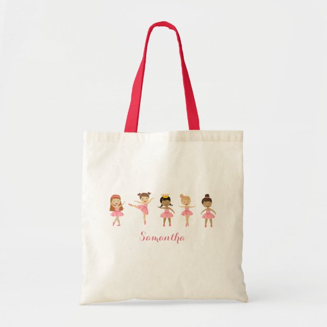 Ballet Cute Pink Ballerinas Dancing Girl Name Tote Bag (Front)