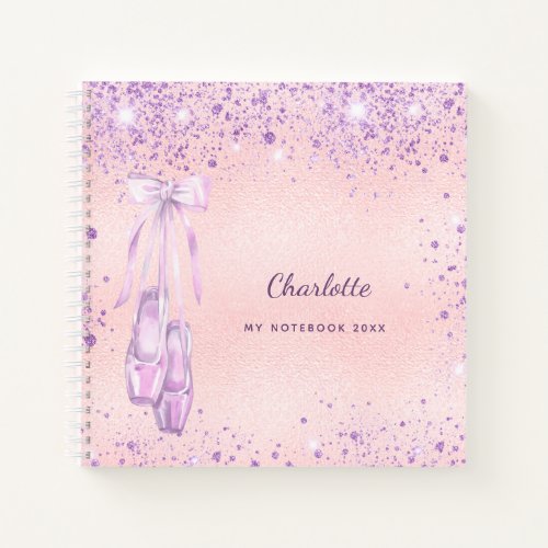 Ballet dance blush pink purple glitter monogram notebook