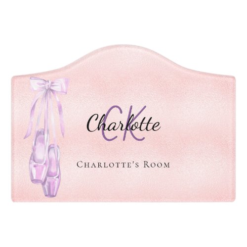 Ballet dance blush pink purple monogram name girl door sign