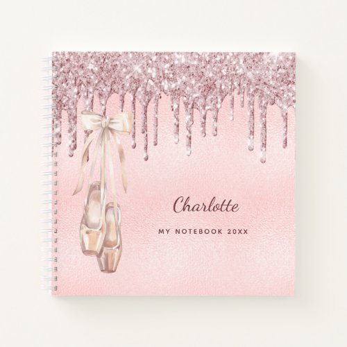 Ballet dance silver blush pink glitter monogram notebook