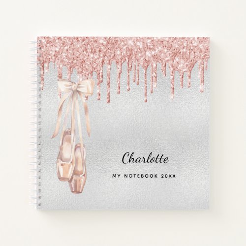 Ballet dance silver rose gold glitter monogram notebook