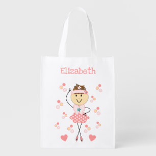 Ballet dancer coral with dots and hearts kids grocery bag