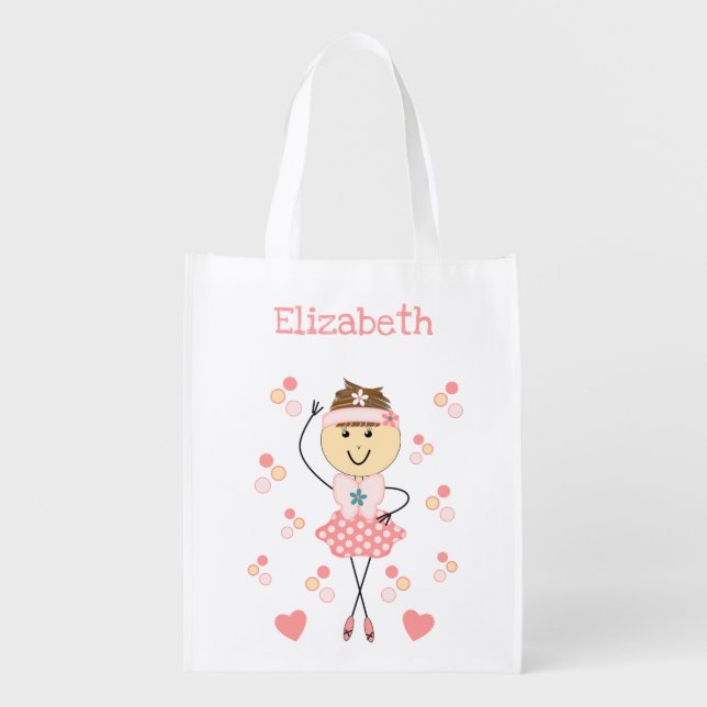 Ballet dancer coral with dots and hearts kids grocery bag (Front)