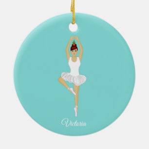 Ballet dancer dressed in white on teal turquoise ceramic ornament