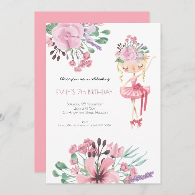 Ballet Dancer Florals Girl 7th Birthday Party Invitation (Front/Back)