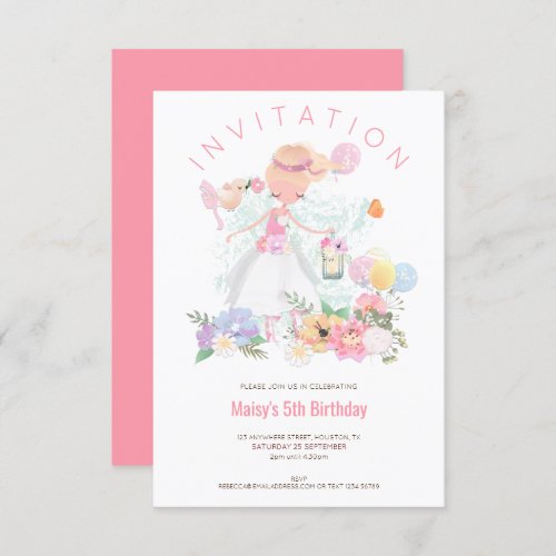 Ballet Dancer Florals Pink Girl 5th Birthday Party Invitation