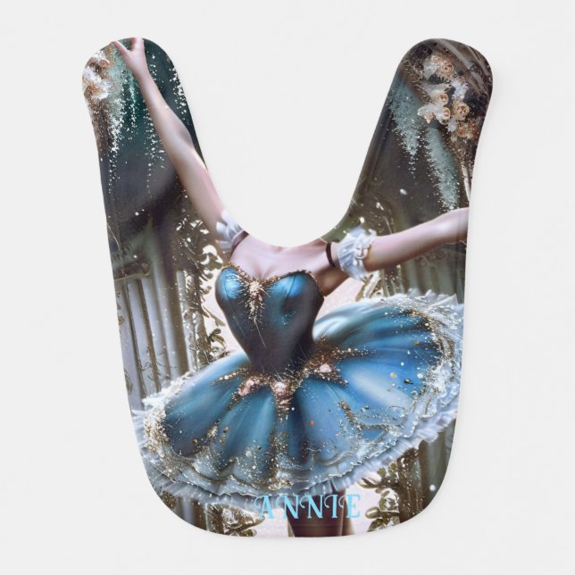 Ballet Dancer in a Blue Tutu Custom Name Baby Bib (Front)