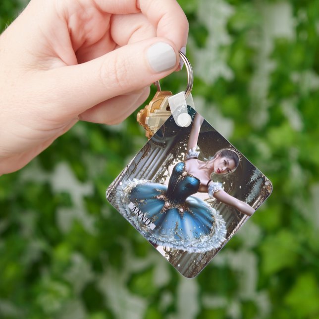 Ballet Dancer in a Blue Tutu Custom Name Keychain (Hand)