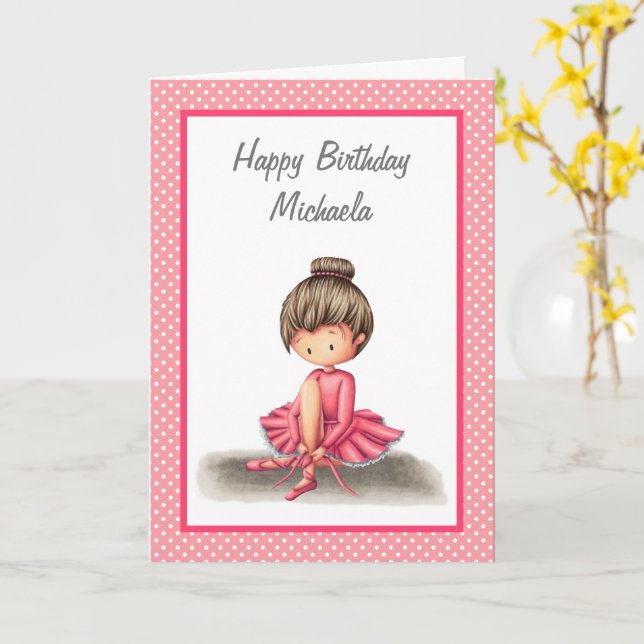 Ballet Dancer in Pink Dress Personalized Birthday Card (Yellow Flower)