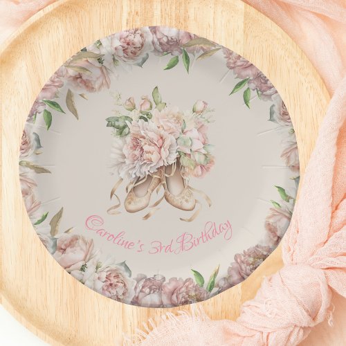 Ballet Dancer Pink Floral Birthday Paper Plates