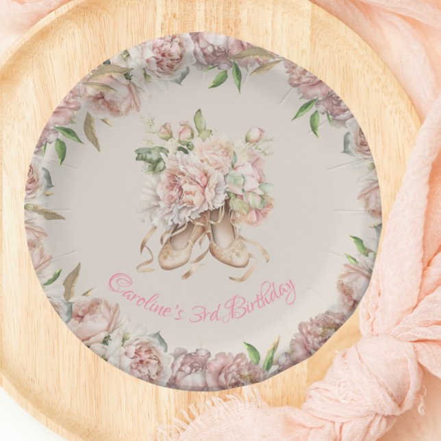 Ballet Dancer Pink Floral Birthday Paper Plates (Creator Uploaded)