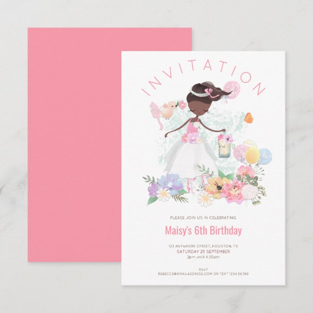 Ballet Dancer Pink Floral Girl 6th Birthday Party Invitation (Front/Back)