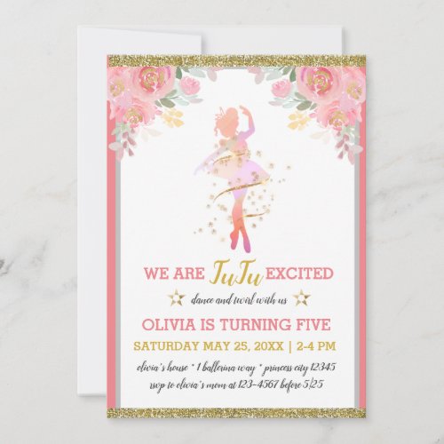 Ballet Dancer Pink Floral Girl Birthday Party Invitation