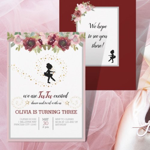 Ballet Dancer Red Pink Floral Birthday Party Invitation