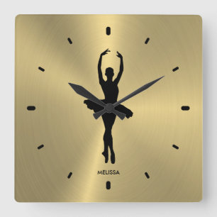 Ballet Dancer Silhouette On Metallic Gold Square Wall Clock