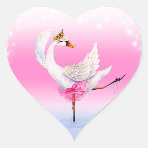 Ballet dancing white swan on lake watercolor art heart sticker