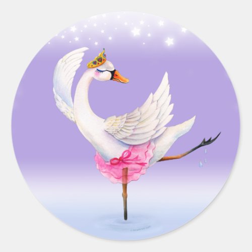 Ballet dancing white swan watercolor whimsy art classic round sticker