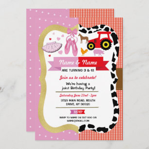 Ballet & Farm Joint Boy Girl Birthday Pink Horse Invitation