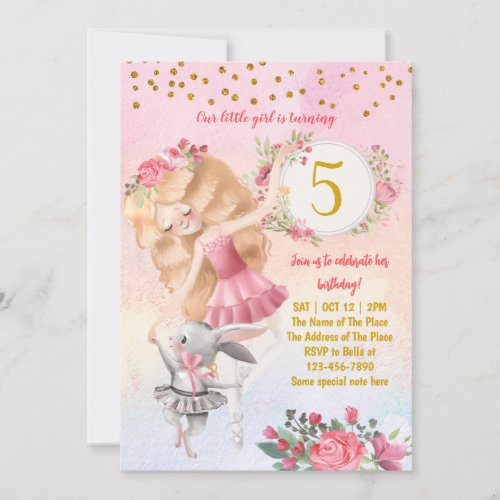 Ballet Girl And Bunny Birthday Party Invitation