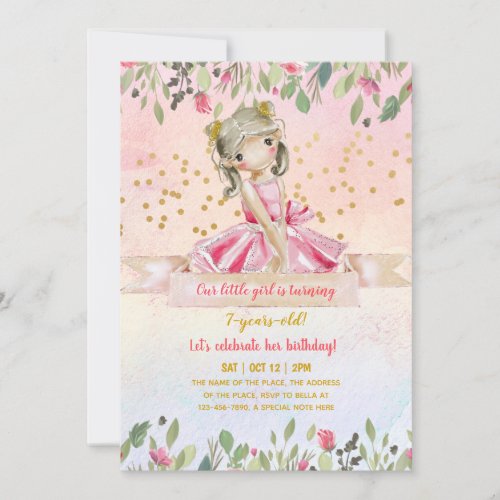 Ballet Girl Pink Gold Glitter Kids Birthday Party Invitation
