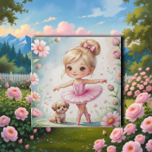 Ballet Girl & Puppy Whimsical Watercolor