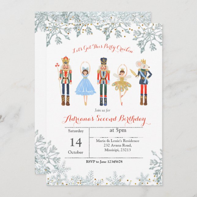 Ballet Glitter Silver Birthday Invite Nutcracker (Front/Back)