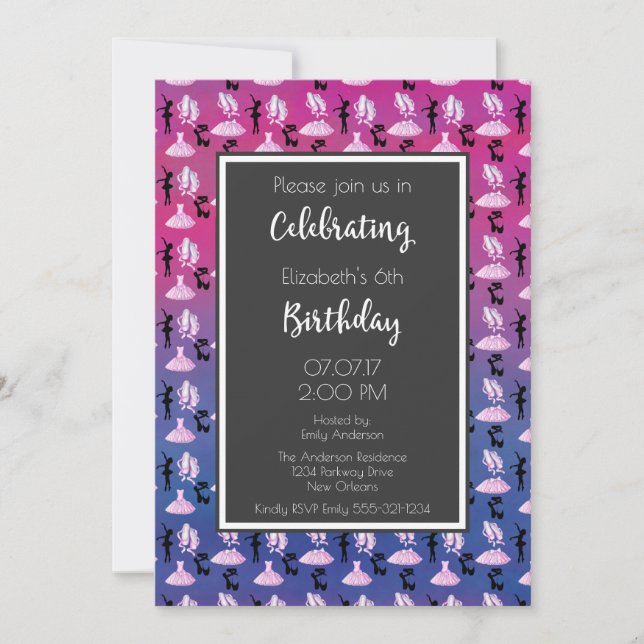 Ballet Pattern on Pink and Purple Birthday Party Invitation (Front)
