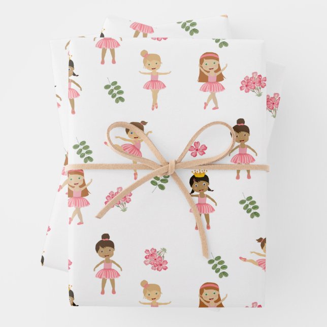 Ballet Pink Ballerinas Dancing Pattern Wrapping Paper Sheets (In situ)