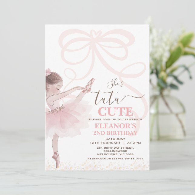 Ballet Pink Girls Bow Tutu Ballerina 2nd Birthday Invitation (Standing Front)