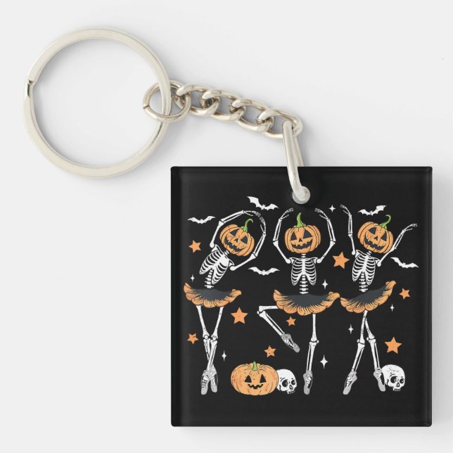 Ballet Pumpkin Skeleton Scary Halloween Keychain (Front)