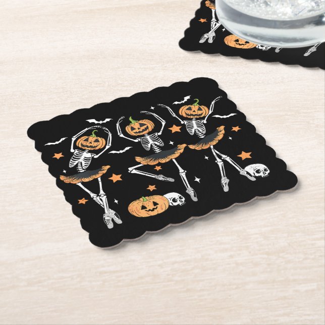 Ballet Pumpkin Skeleton Scary Halloween Paper Coaster (Angled)