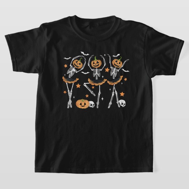 Ballet Pumpkin Skeleton Scary Halloween T-Shirt (Laydown)